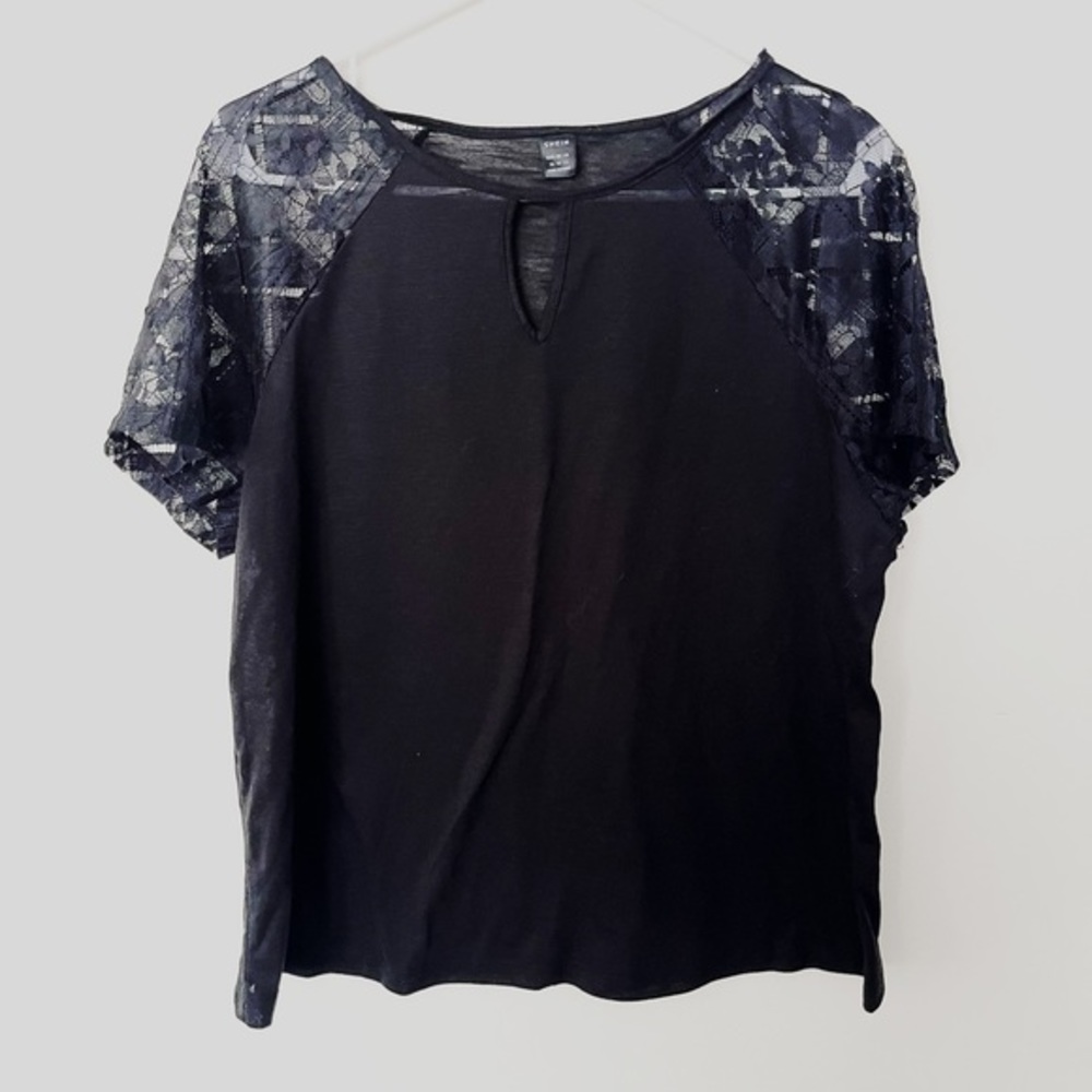 SHEIN Black Scoop Neck Keyhole Short Lace Sleeve Blouse